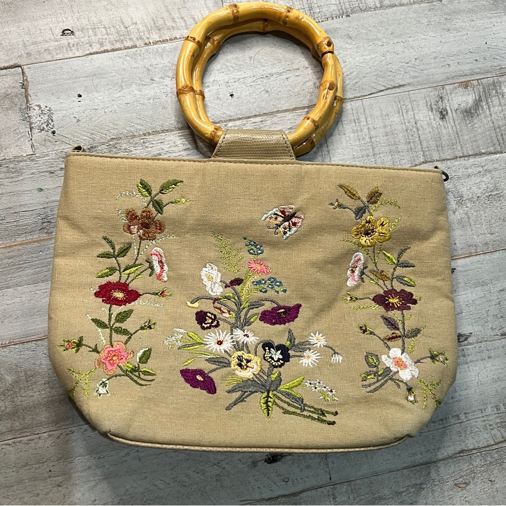 Vintage Bueno Floral Embroidered Purse Bamboo Handle Handbag Daisy Poppy Flowers